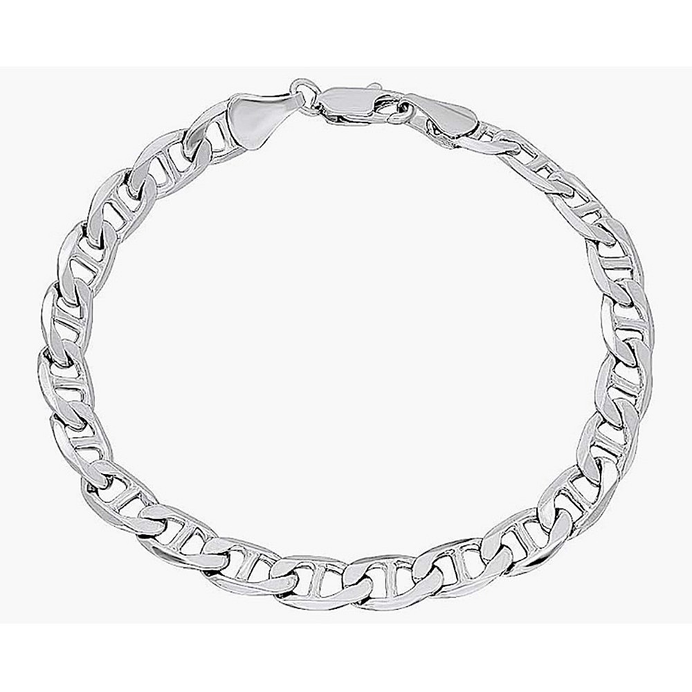 Unisex White Gold Plated 925 Sterling Silver Flat Chain Mariner Link Bracelet 8”